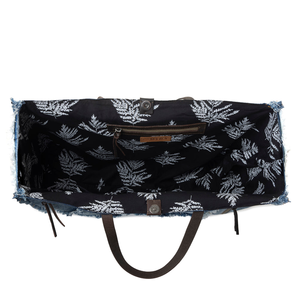 Frayed Frontier Western denim Tote Bag for Women in denim blue with fringe detail
