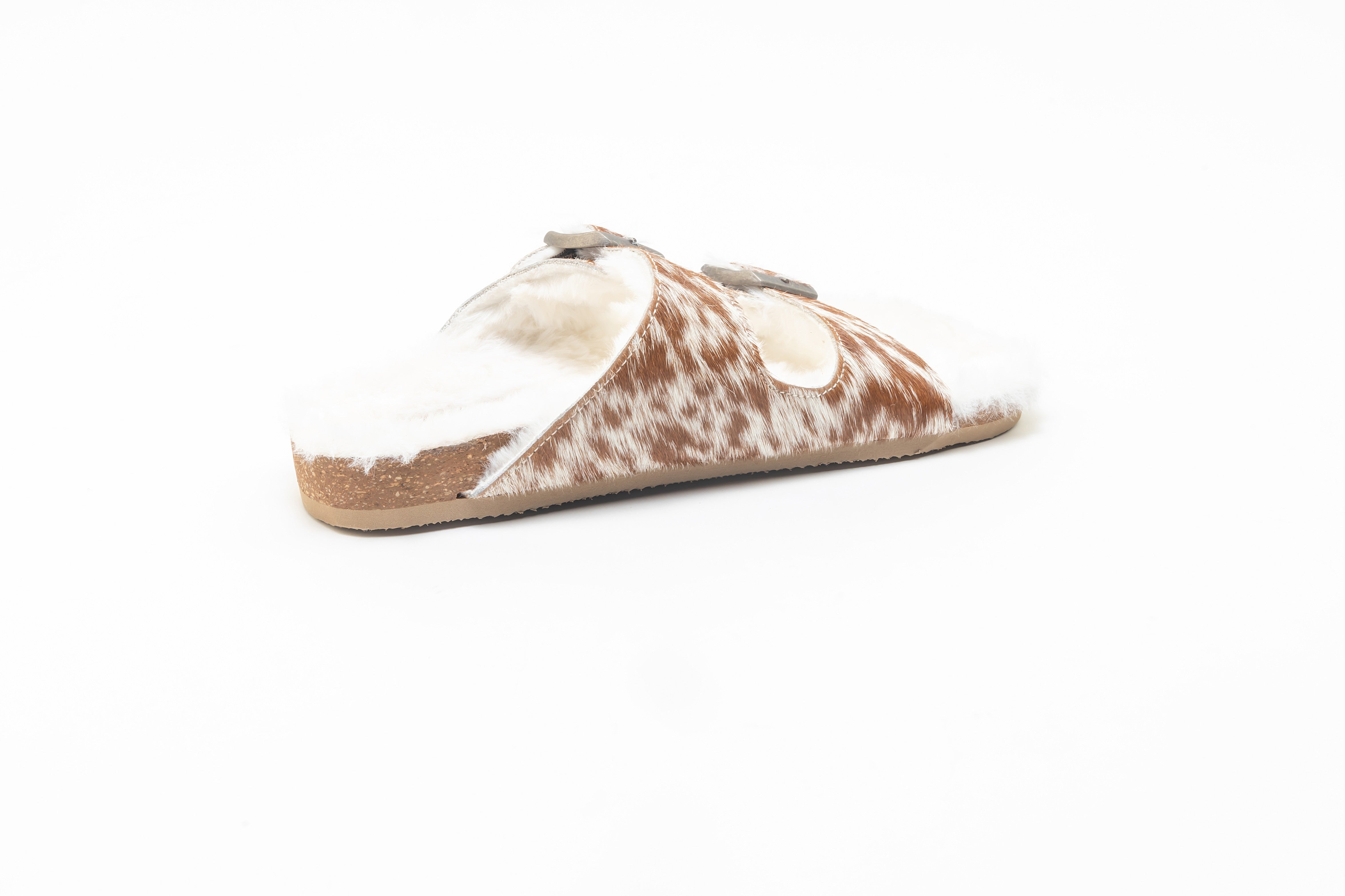 Prairie Winds Fur Comfort Hairon Leather Sandals In Brown & White