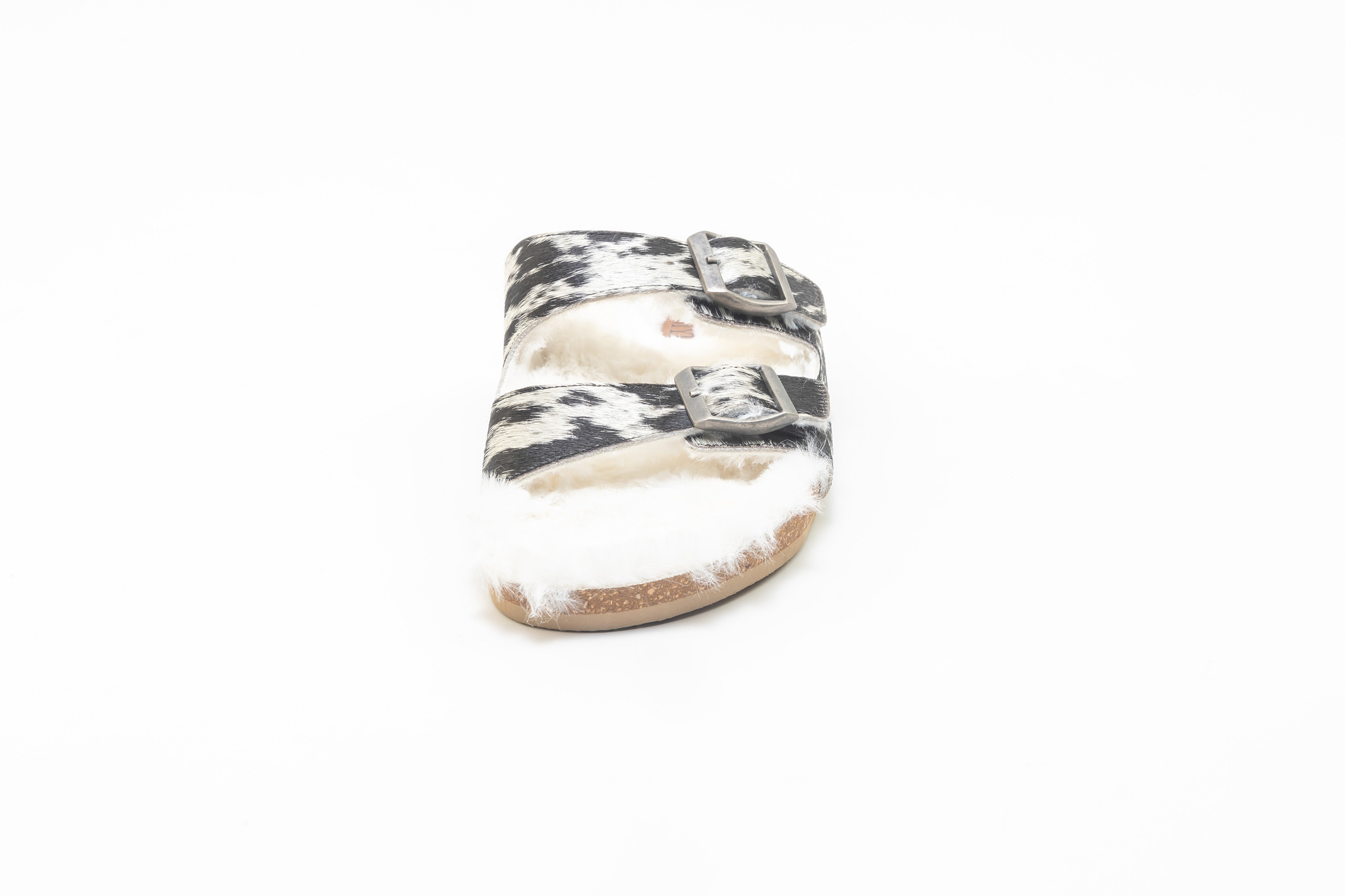 Prairie Winds Fur Comfort Hairon Leather Sandals In Black & White