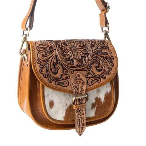 Goldrush Saddle handtooled Bag for Women in saddle tan with hair-on detail