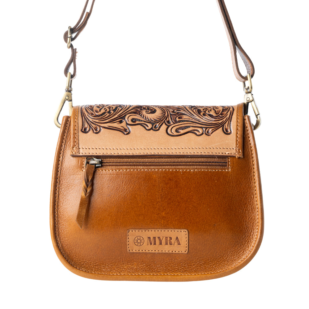 Goldrush Saddle handtooled Bag for Women in saddle tan with hair-on detail