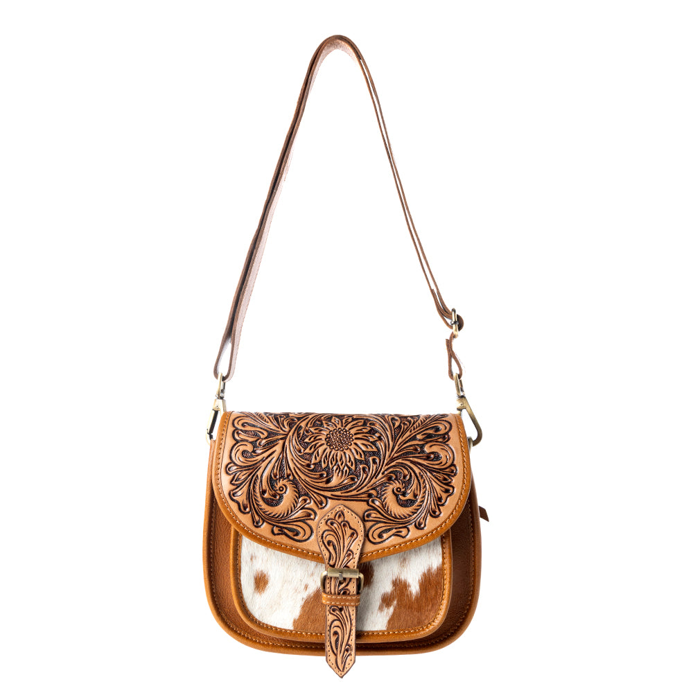 Goldrush Saddle handtooled Bag for Women in saddle tan with hair-on detail
