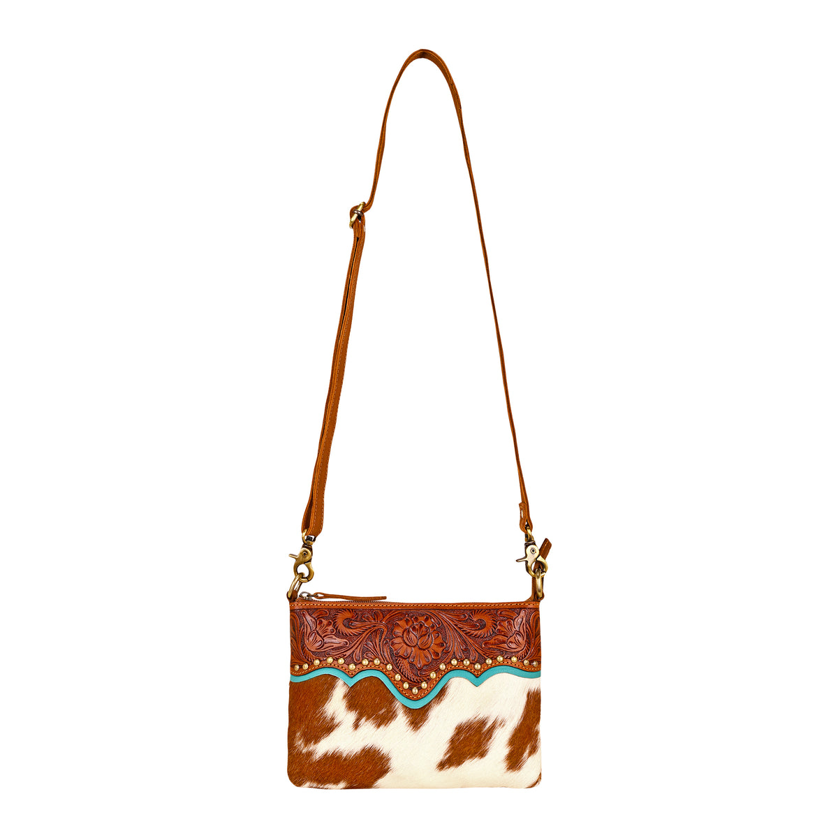 Latigo Crossbody Bag for Women in brown with hair on and handtooled leather