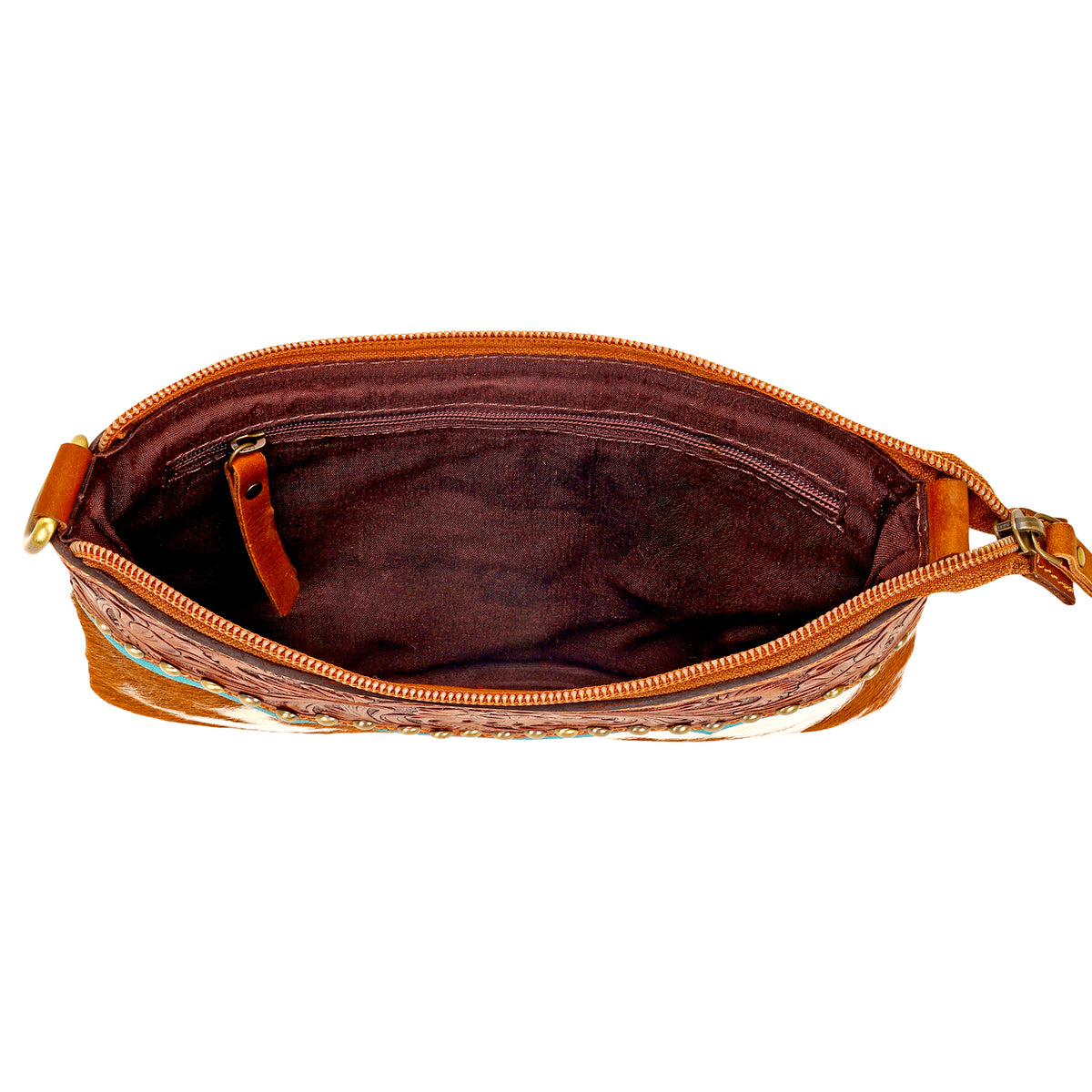 Latigo Crossbody Bag for Women in brown with hair on and handtooled leather