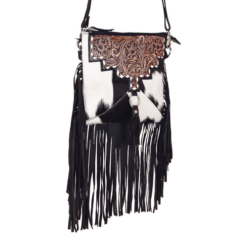 Brindis Crossbody Bag for Women in black with hair on and handtooled leather