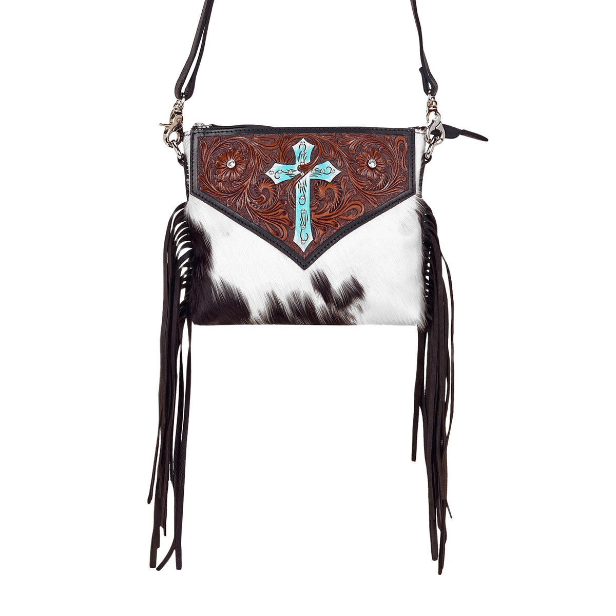 Shalom Crossbody Bag for Women in black with hair on and handtooled cross