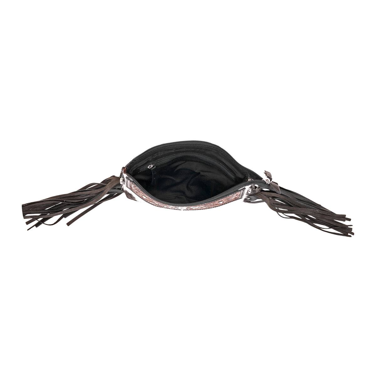Shalom Crossbody Bag for Women in black with hair on and handtooled cross