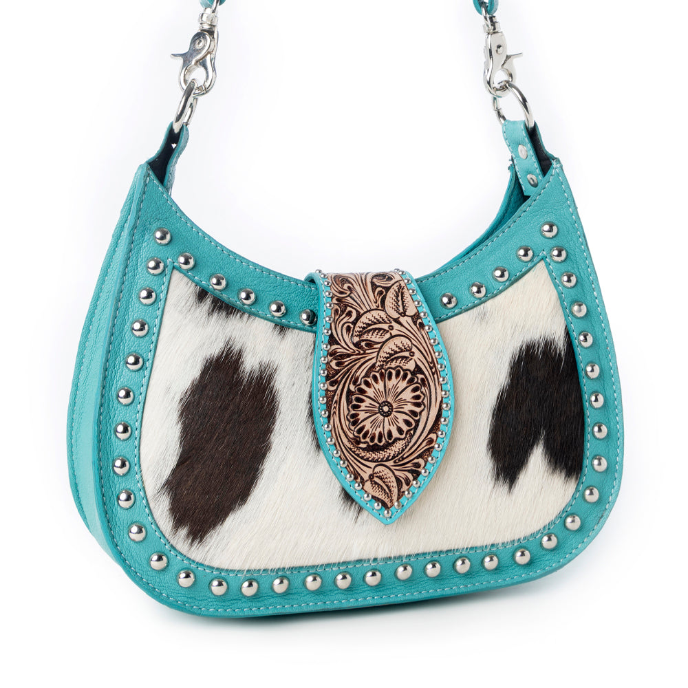 Santa Fe Handtooled Bag for Women in Turquoise with hairon and studded detail