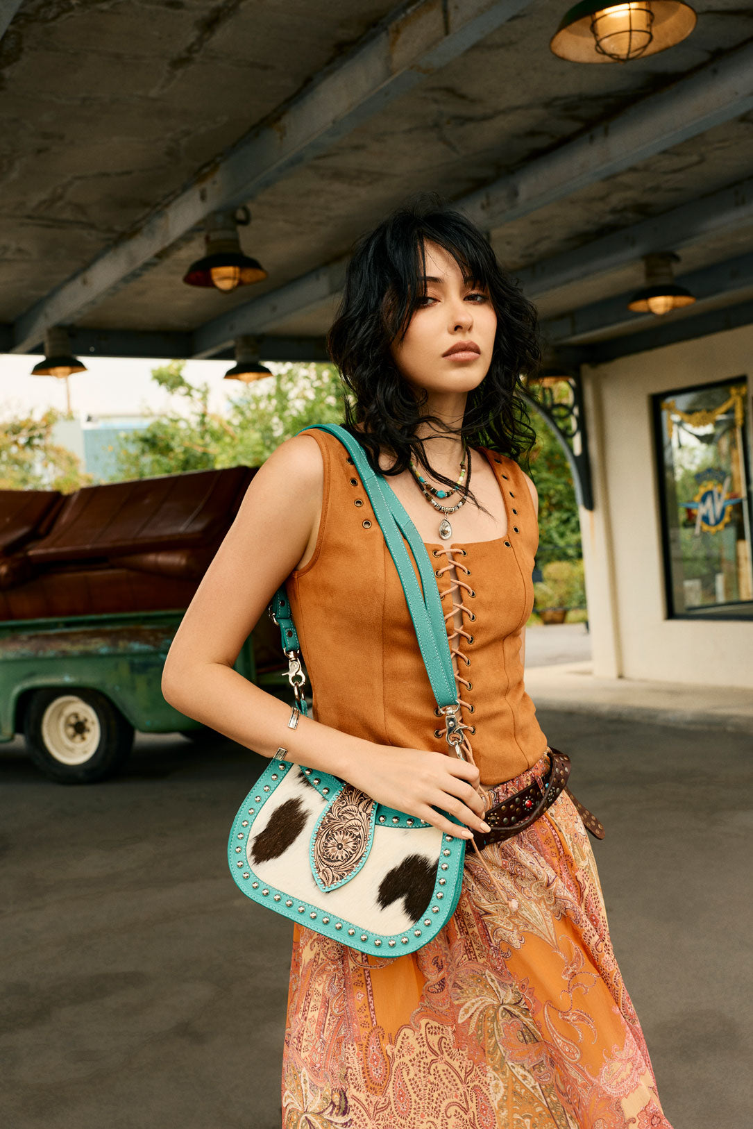 Santa Fe Handtooled Bag for Women in Turquoise with hairon and studded detail