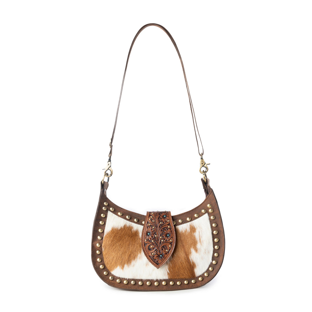Santa Fe Handtooled Bag for Women in Brown with hairon and studded detail