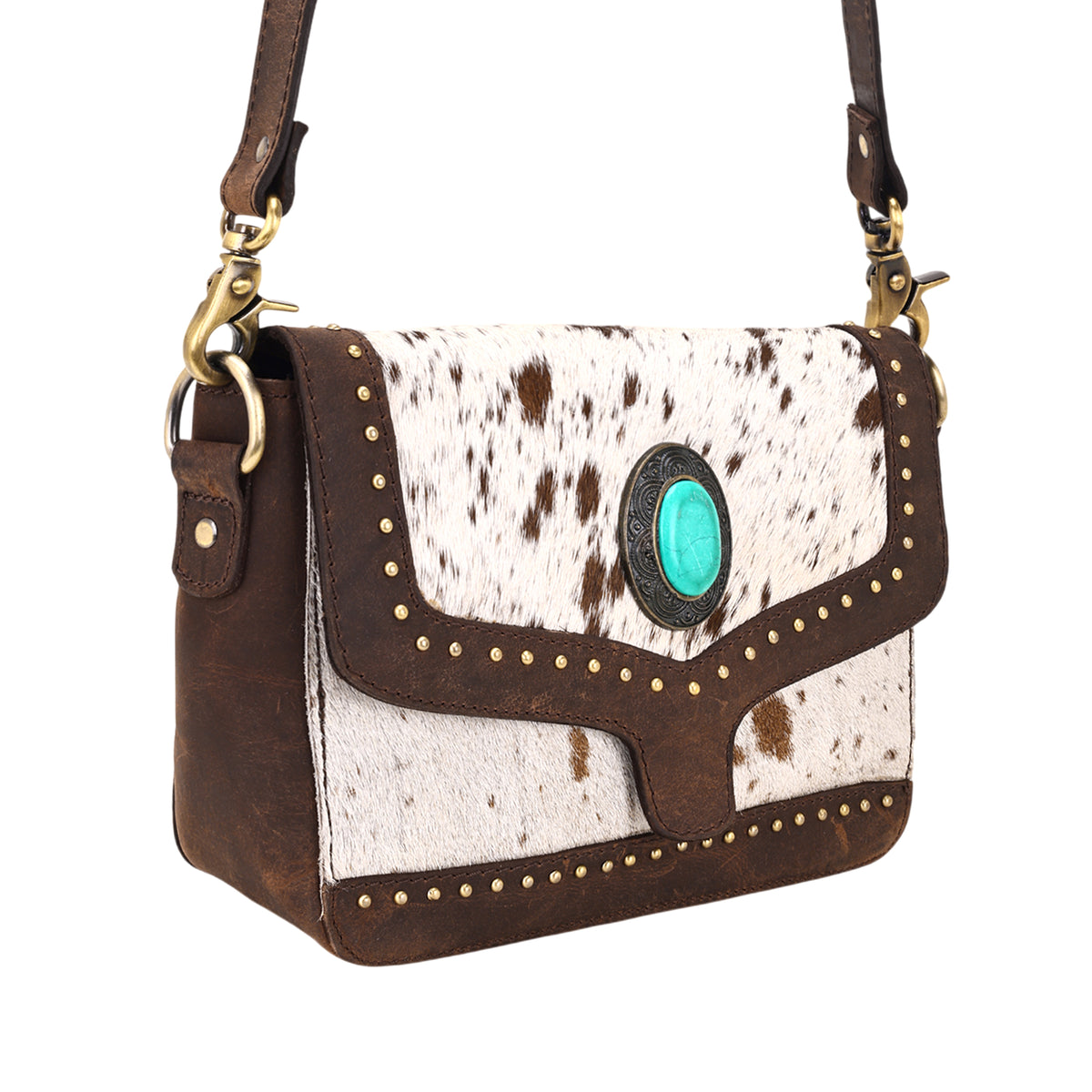 Dustridge Crossbody Bag for Women in brown with hair on, studs and turquoise concho