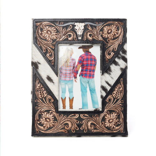 Saddlewood Handtooled Leather Photo Frame in brown with hairon detail, western home décor