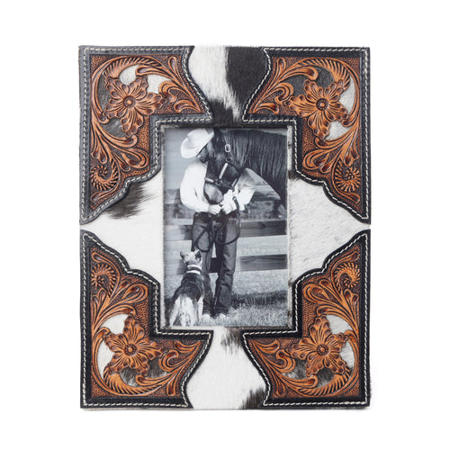 Cornerstone Handtooled Leather Photo Frame in brown with hairon detail, western home décor