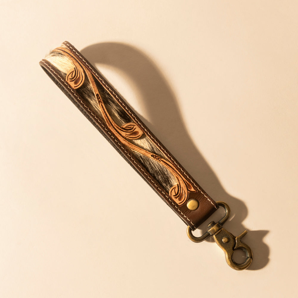 Wildvine Pony Western Handtooled Key Fob in brown with hairon detail