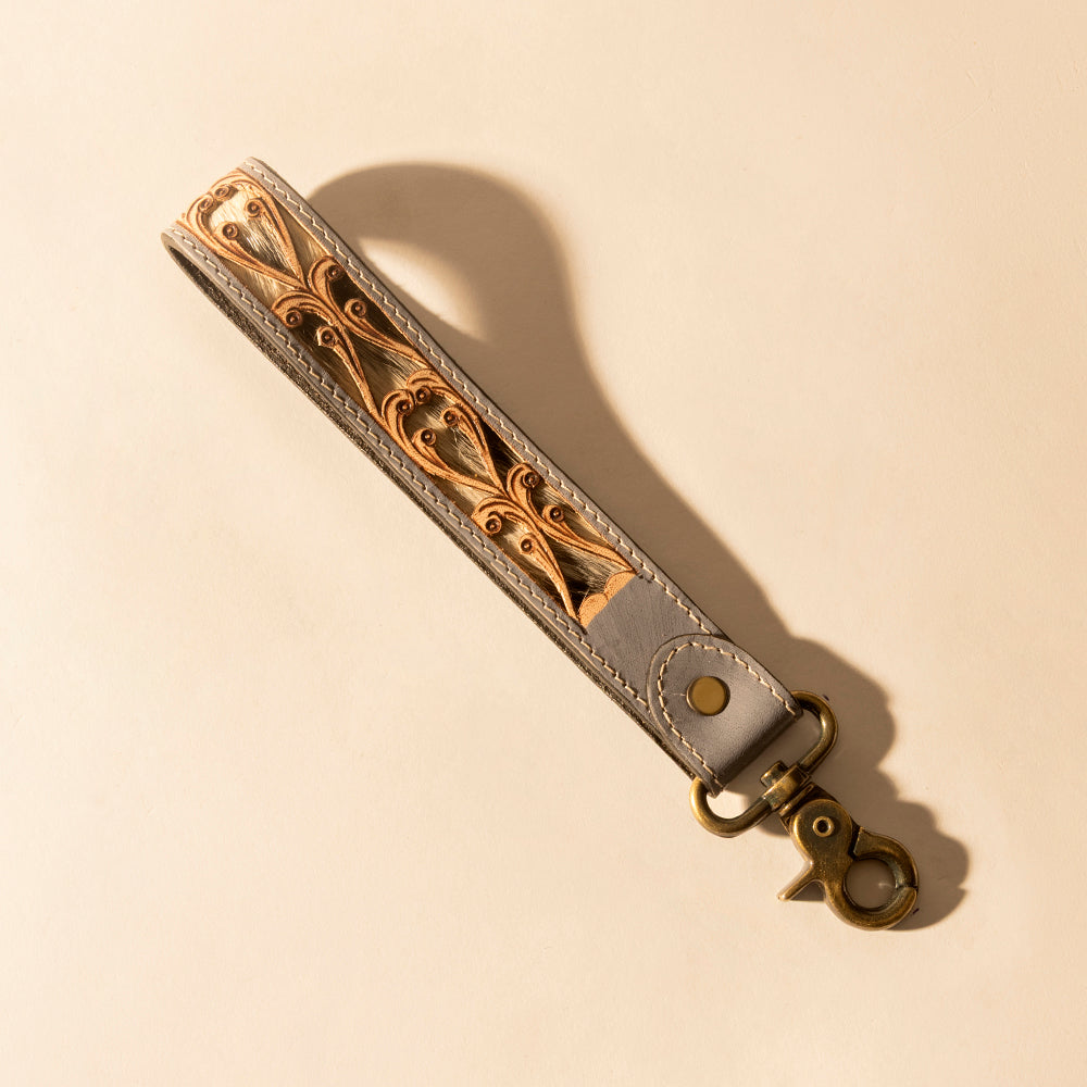 Wildvine Pony Western Handtooled Key Fob in dusk blue with hairon detail