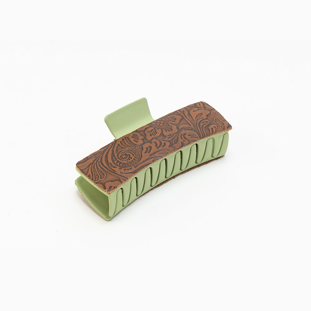 Pinebrook Embossed Leather Hair Clip in Cedar Green