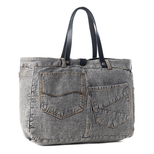 Billyjean Western denim Tote Bag for Women in denim black with leather detail