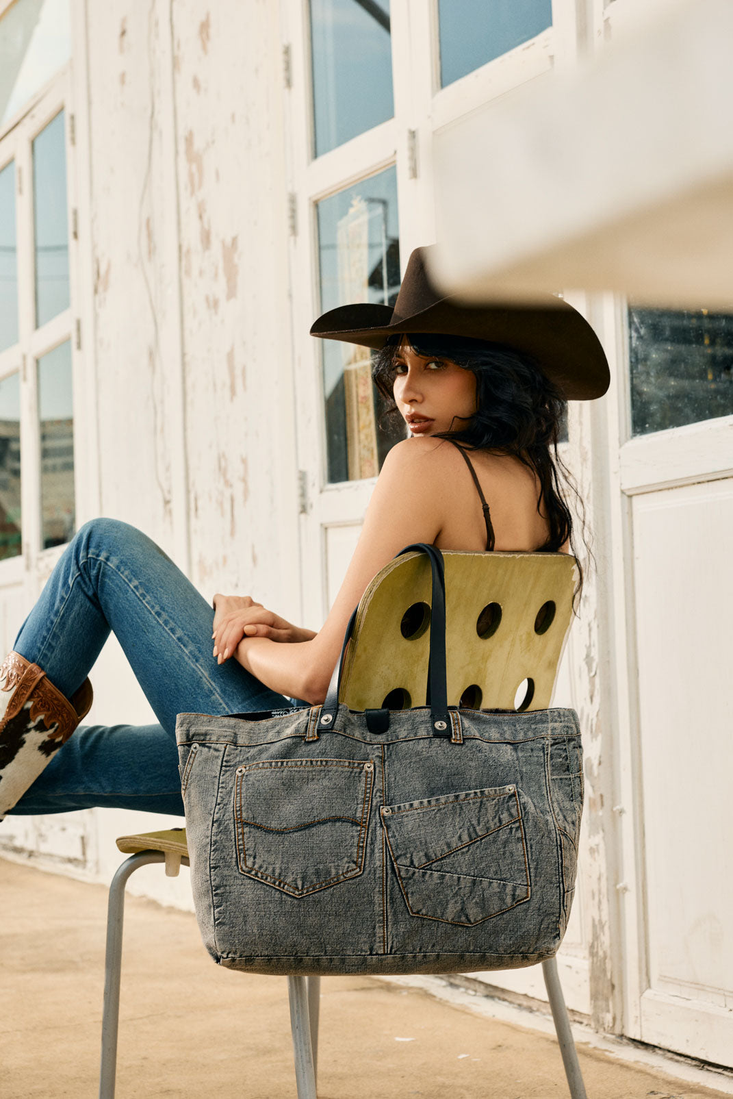 Billyjean Western denim Tote Bag for Women in denim black with leather detail