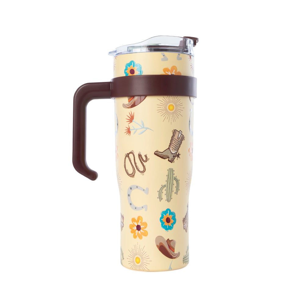 Trailkissed Western Tumbler in Yellow Stainless Steel with Leather Wrap and Handle for Everyday Use