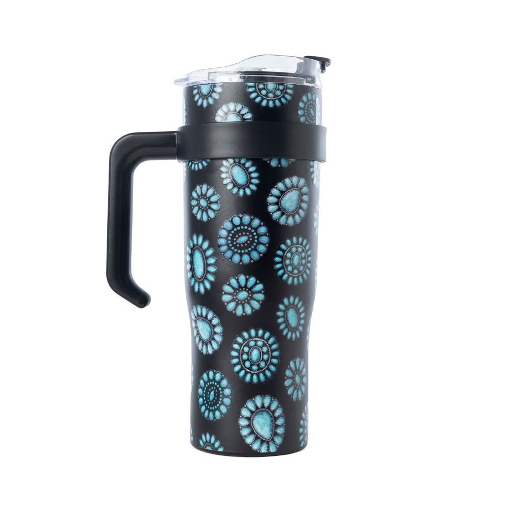 Concho Crest Western Tooled Tumbler in Black Stainless Steel with Leather Wrap and Handle