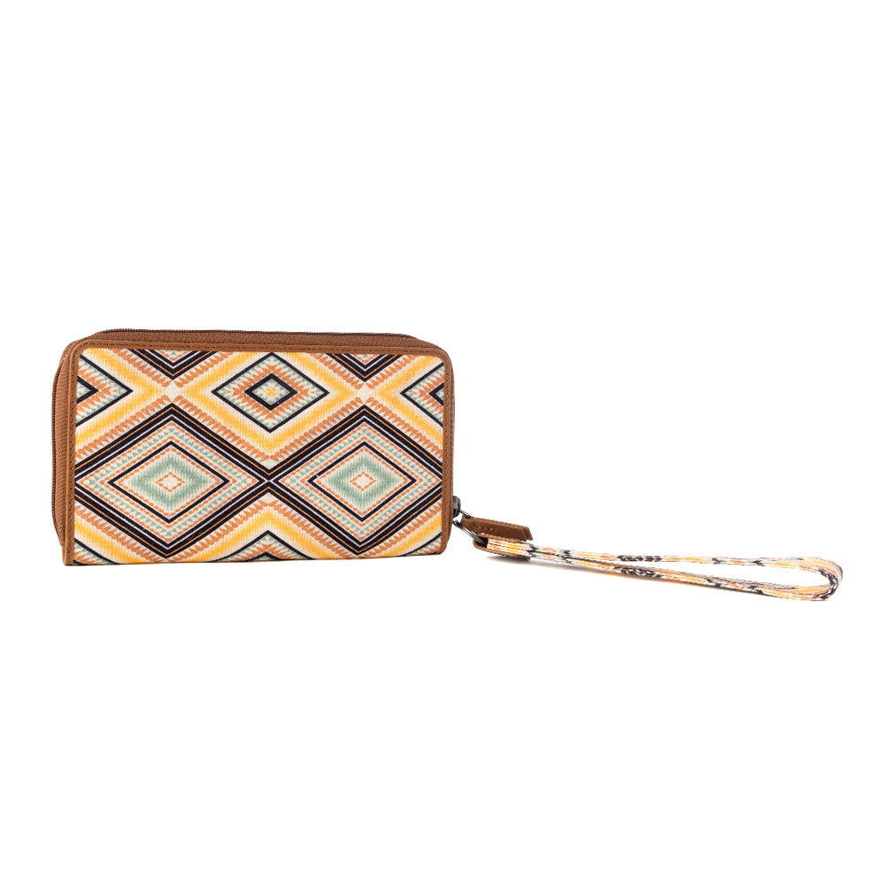 Kilim Trail Western Wallet for Women in mustard with leather detail and RFID protection