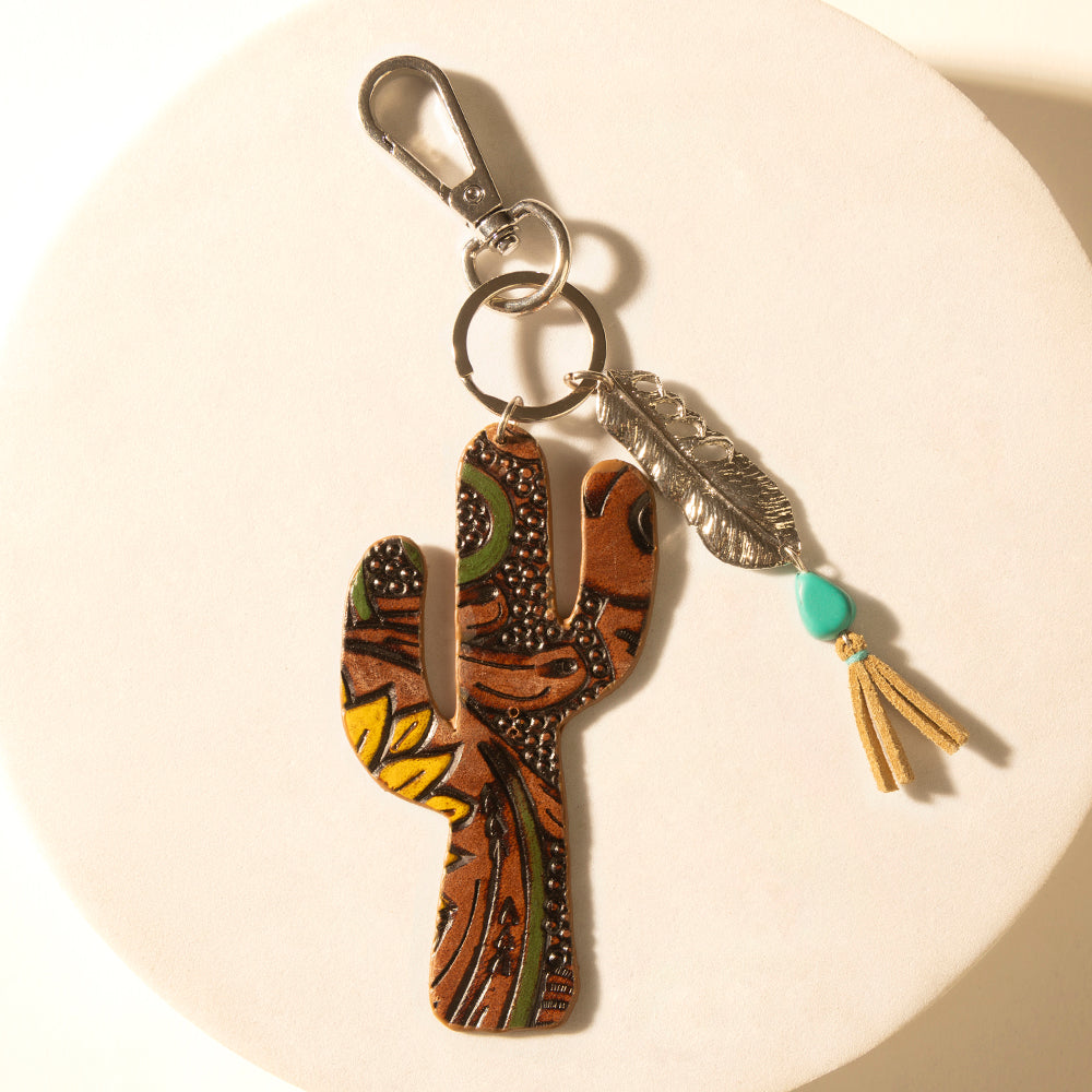 Desert Dune Handtooled Leather Key Fob in Olive Tan