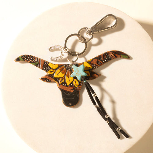 Nightfall Cove Bull Handtooled Leather Key Fob in Onyx Turquoise