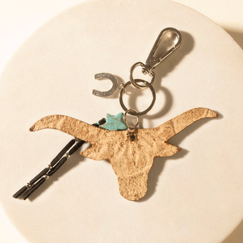 Nightfall Cove Bull Handtooled Leather Key Fob in Onyx Turquoise