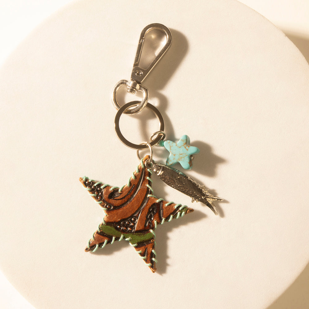 Moonlight Bay Star Handtooled Leather Key Fob in Amber Turquoise