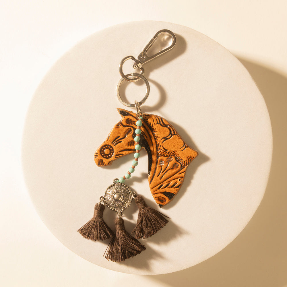 Summer Cove Horse Handtooled Leather Key Fob in Caramel Tan