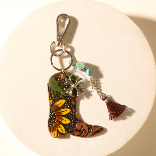 Southern Bloom Boot Handtooled Leather Key Fob in Amber Aqua