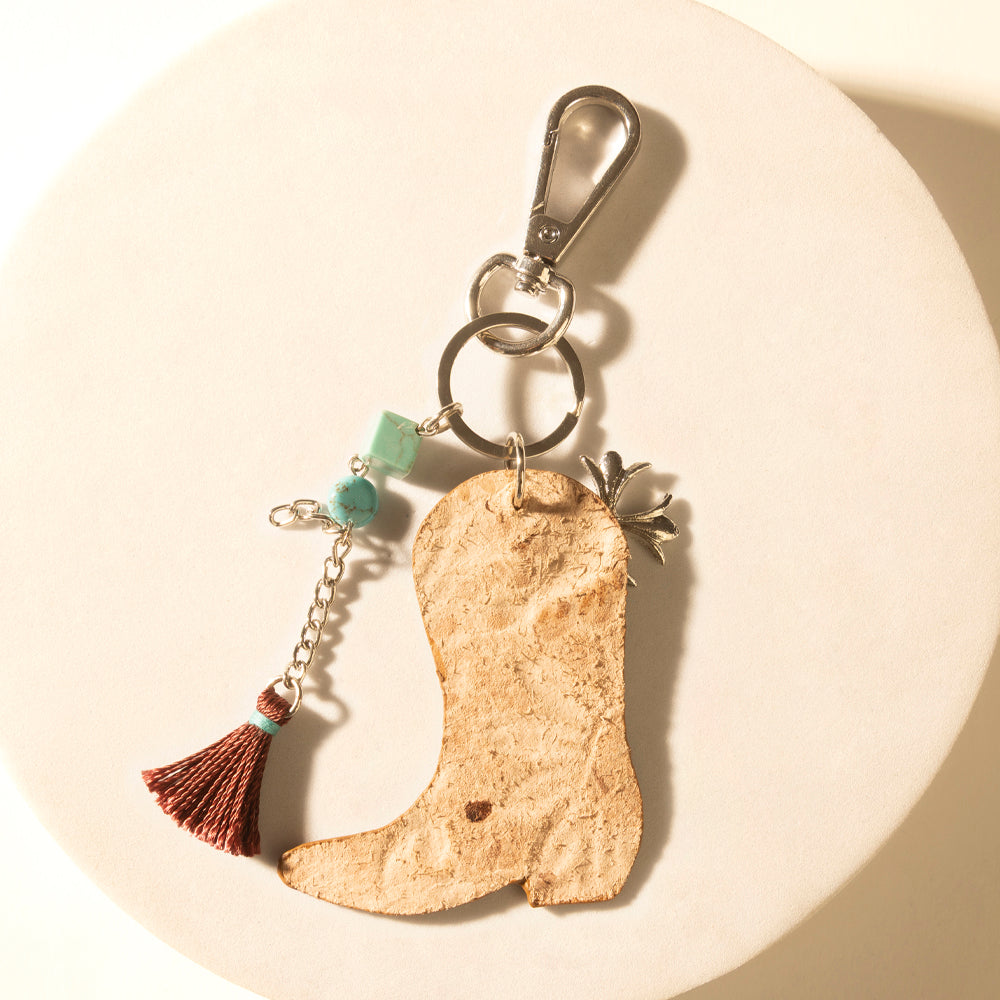 Southern Bloom Boot Handtooled Leather Key Fob in Amber Aqua