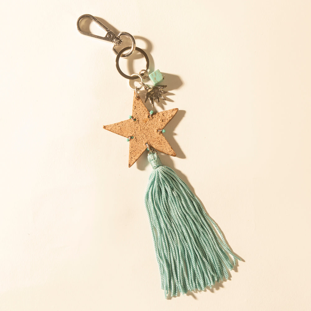 Western Sky Beaded Fringe Handtooled Leather Key Fob in Ocean Blue