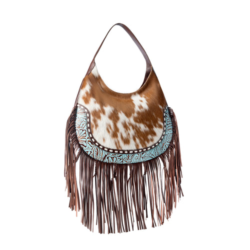 Lasso Lane Hairon Leather Bag for Women in tan with fringe and embossed detail