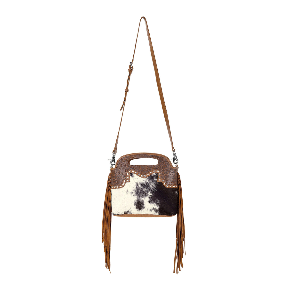 Nolina Crossbody Bag for Women in tan with hair on and tooled leather