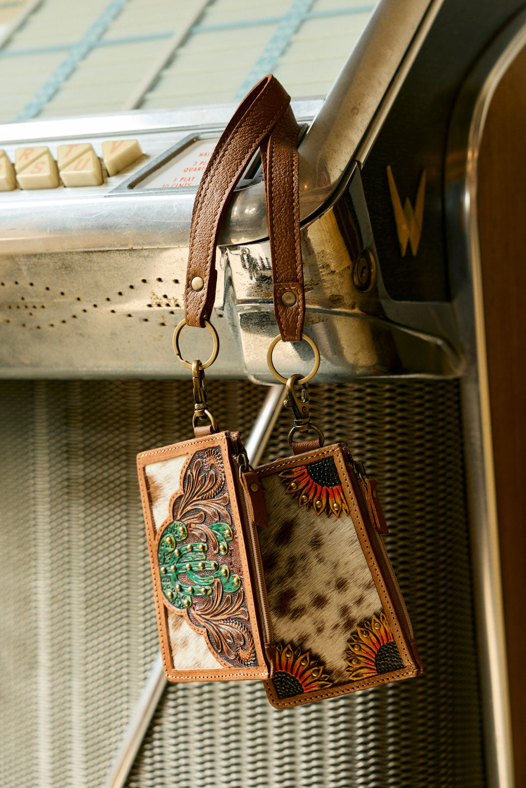 Hand Hewn Western Card Holder for Women in Light Brown with handtooled Cactus detail