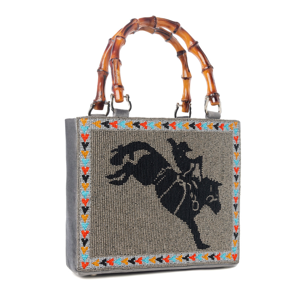 Free Rein Western hand beaded Bag in grey with bamboo handle and horse embroidery