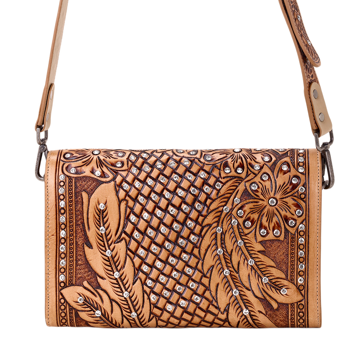 Circe Hand Tooled Bag for Women in tan with rhinestones