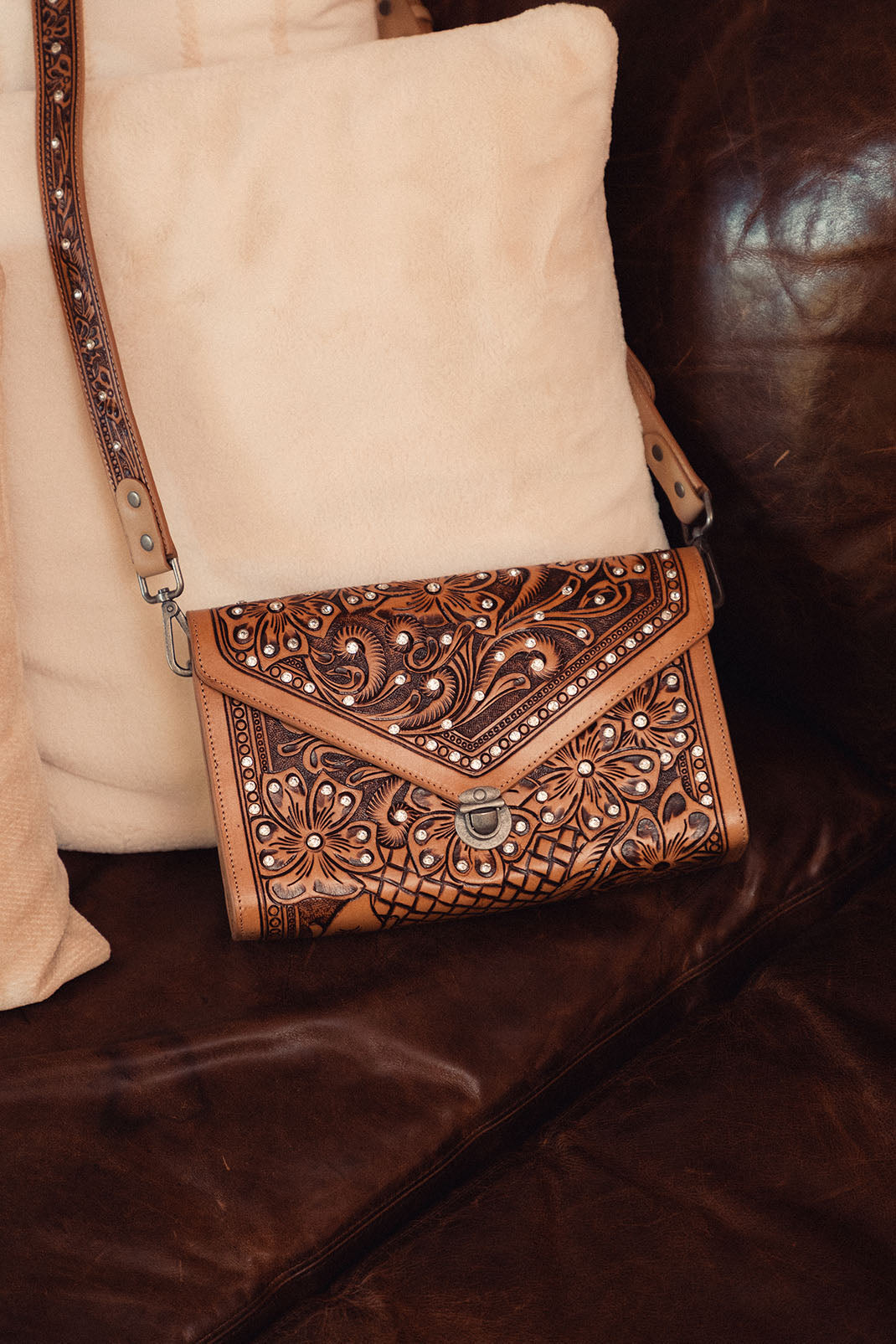 Circe Hand Tooled Bag for Women in tan with rhinestones