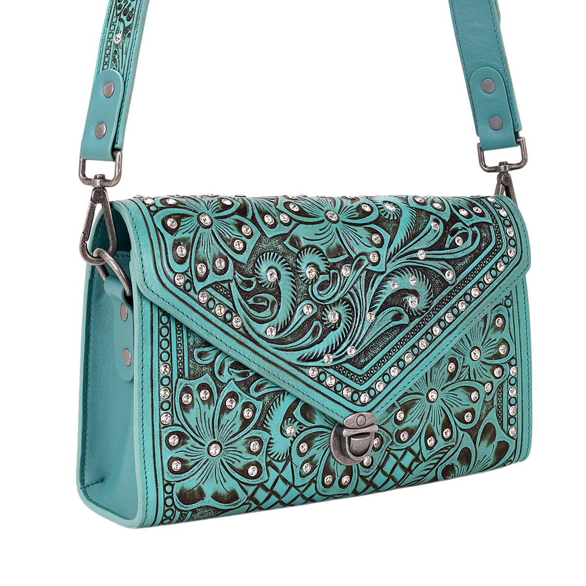 Circe Hand Tooled Bag for Women in turquoise with rhinestones