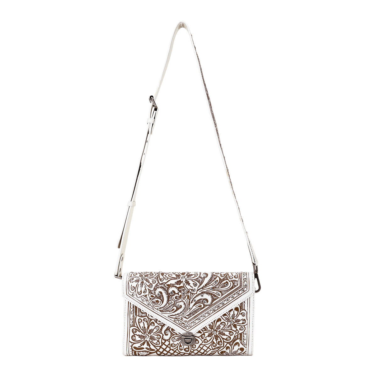Circe Hand Tooled Bag for Women in white with rhinestones