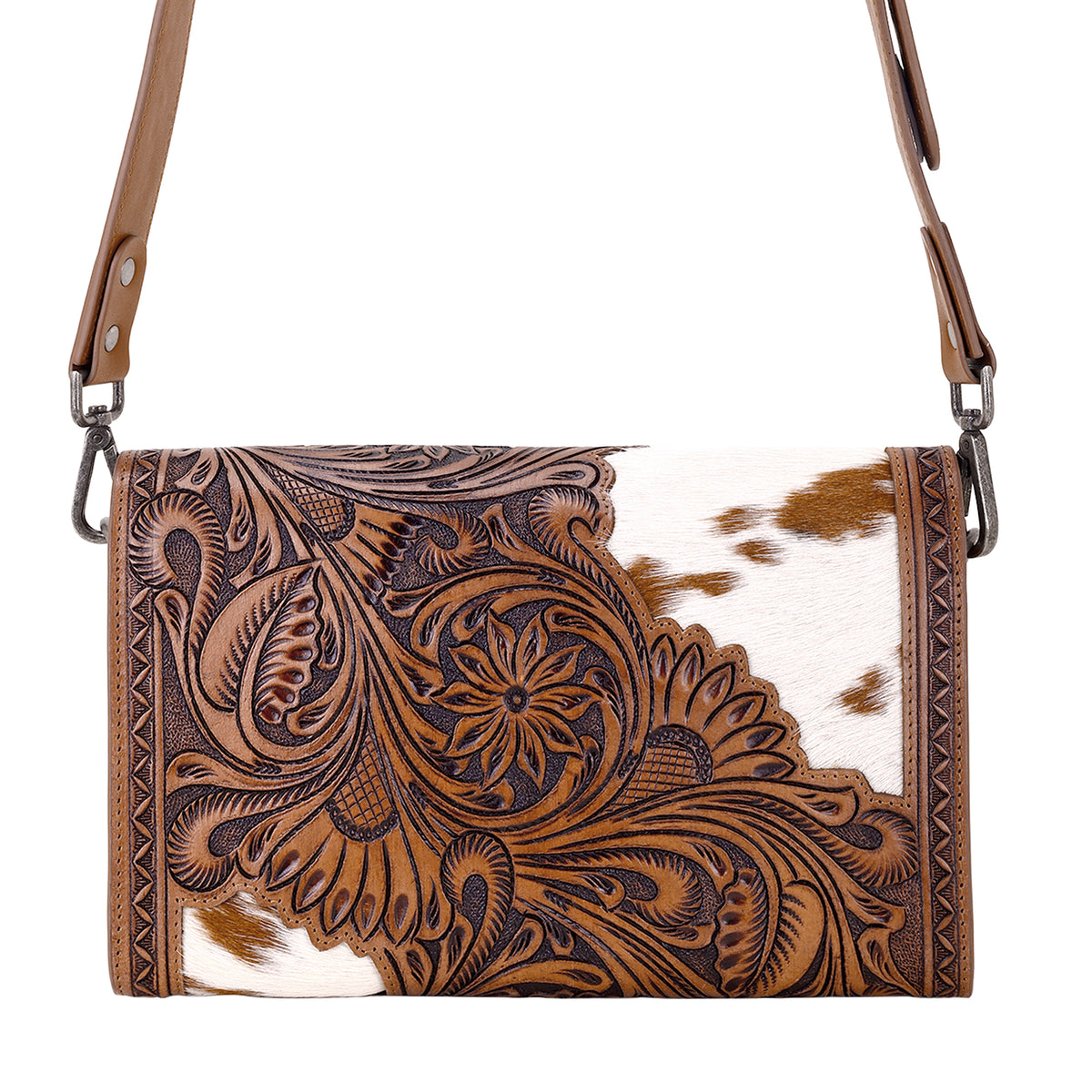 Circe Hand Tooled Bag for Women in tan with hairon