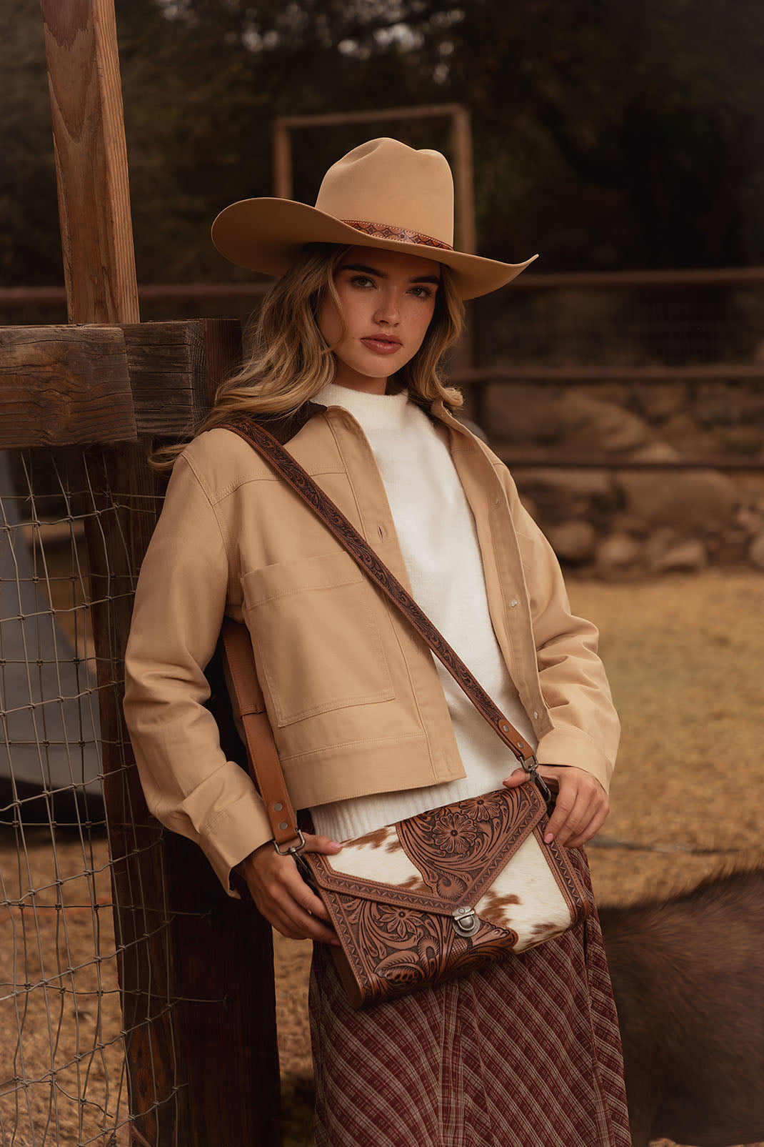 Circe Hand Tooled Bag for Women in tan with hairon