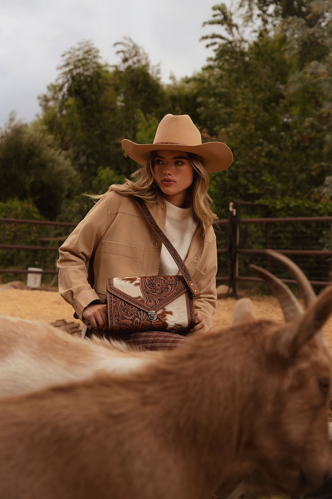 Circe Hand Tooled Bag for Women in tan with hairon