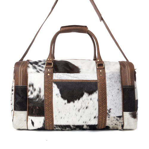 Rustic Vista Handtooled Hairon Ruffle Traveller Bag in Cocoa Frost