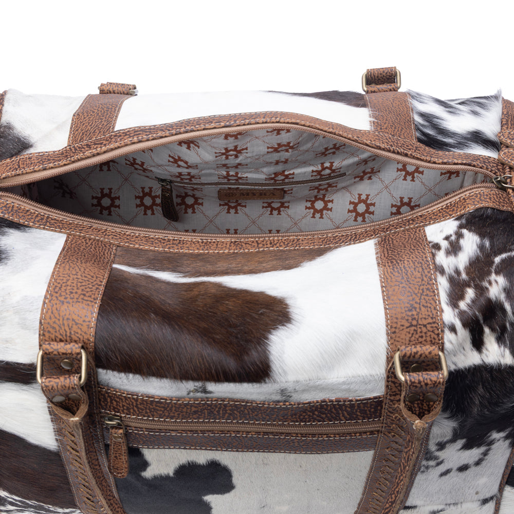 Rustic Vista Handtooled Hairon Ruffle Traveller Bag in Cocoa Frost