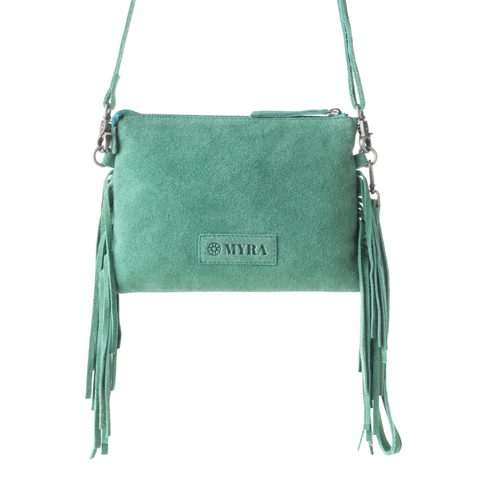 Boot Stitch Suede Bag for Women in green with embroidery and fringe detail