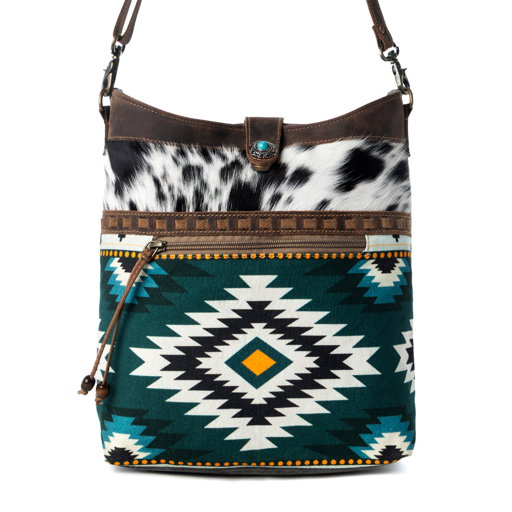 Wovenstone Western shoulder Bag for Women in green with Aztec detail