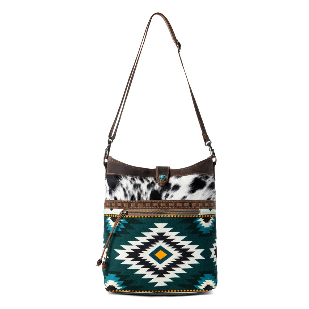 Wovenstone Western shoulder Bag for Women in green with Aztec detail