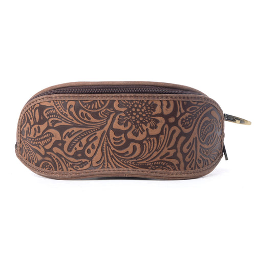 Silver Creek Embossed Leather Sunglass Case in Saddle Brown